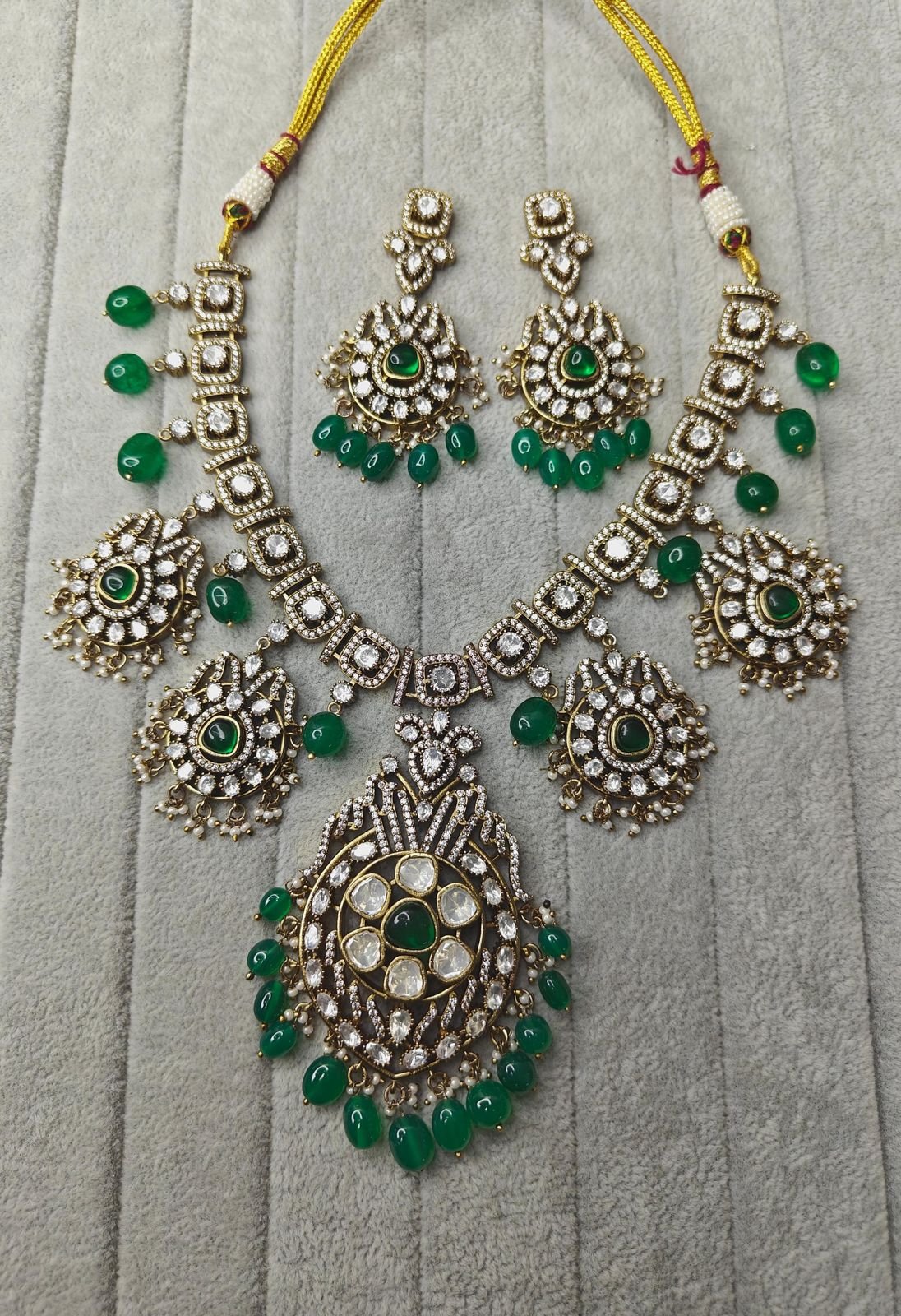 Victorian Gold Plated Green Beads And Polki Necklace