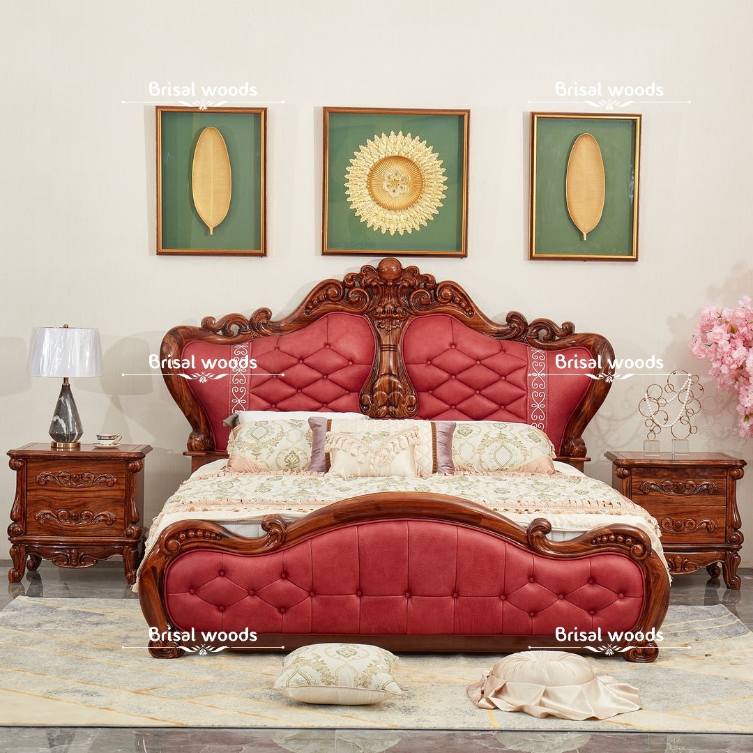 Carved bedroom  set with side table in teak wood finish