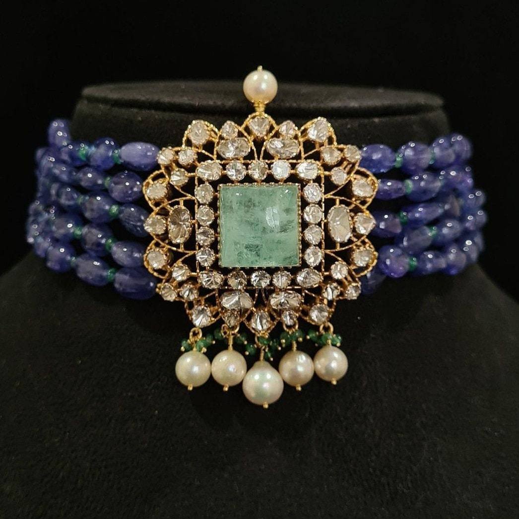 92.5 Silver Moissanite Pendant Choker Necklace in Sapphire beads and Fresh Pearls -Bridal-Wedding-Engagement,Party