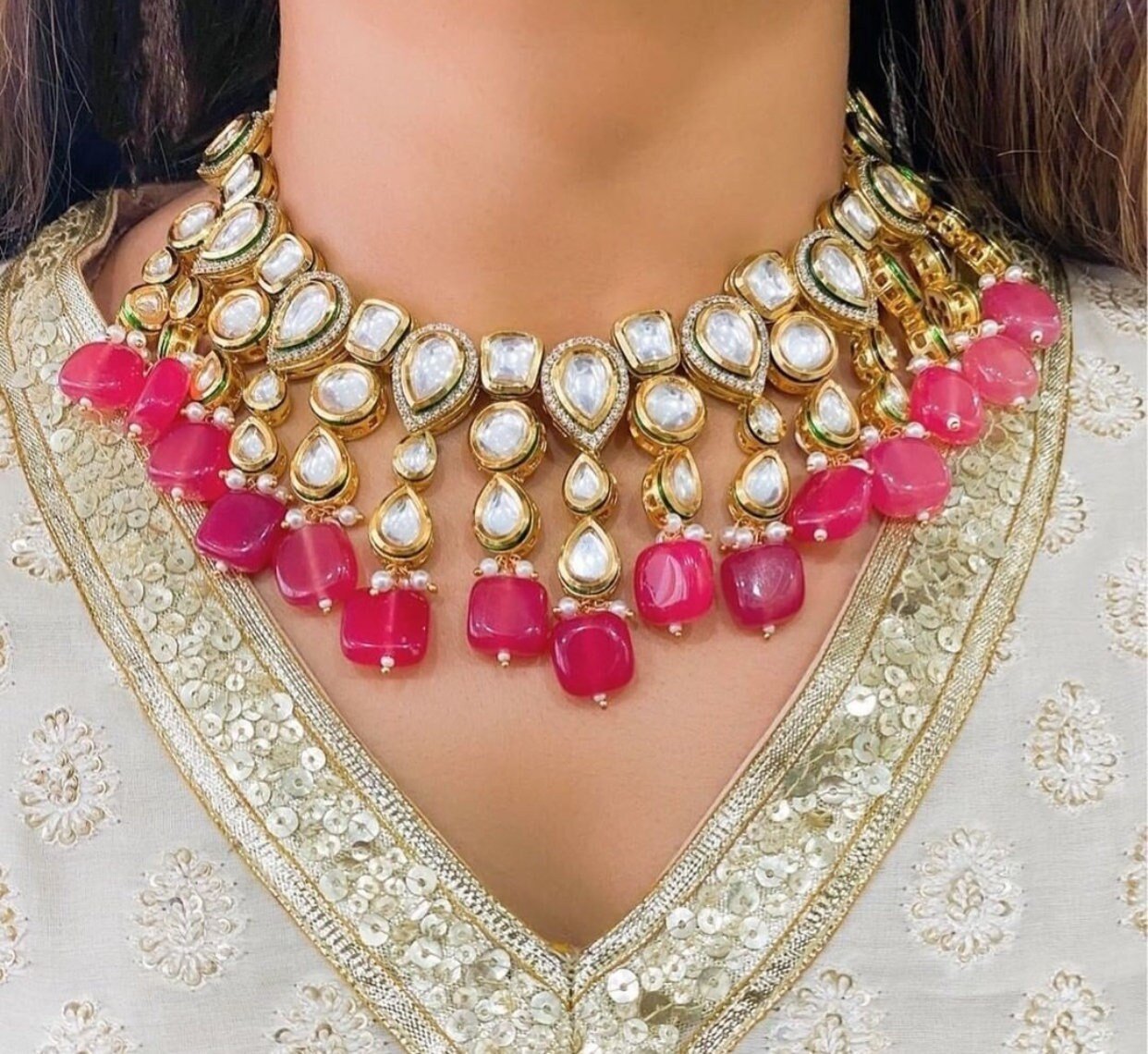Gold Plated Kundan Necklace With Pink Beads-Bridal-Wedding-Engagement