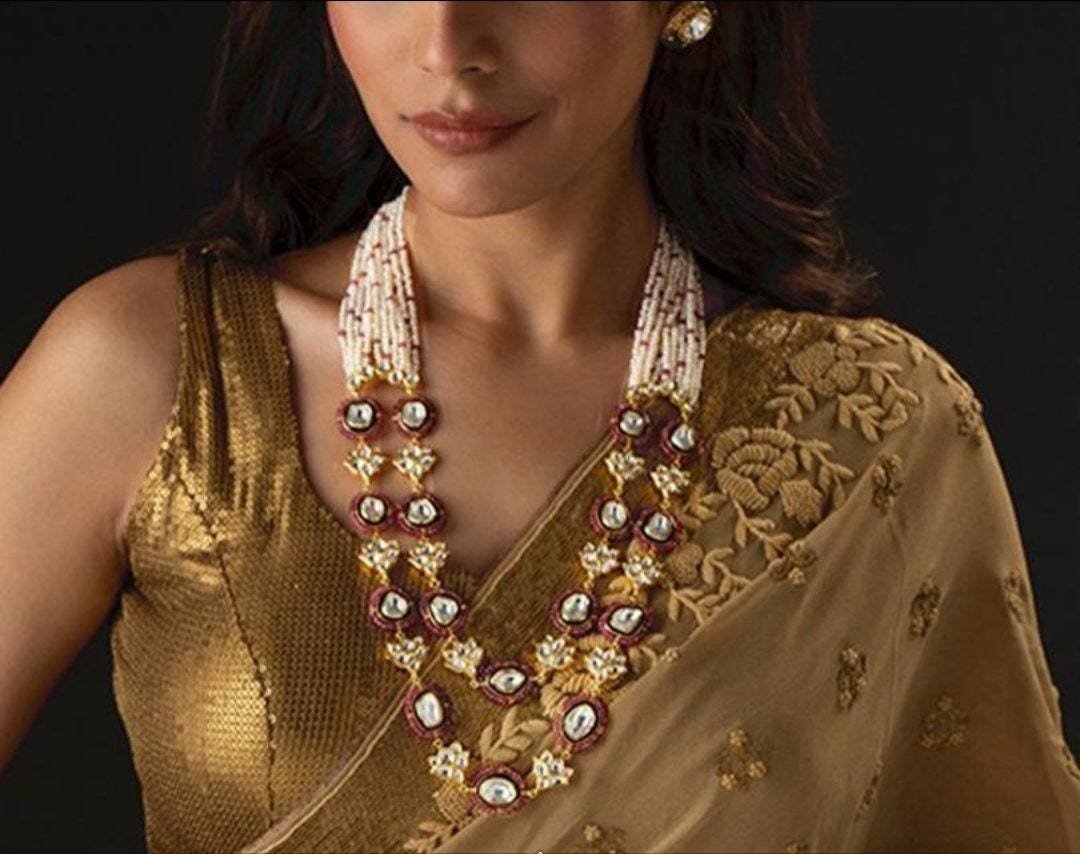 Cocktail Wear 2 Layer Long Polki Necklace With Floral Motif in Gold Finish-Bridesmaid