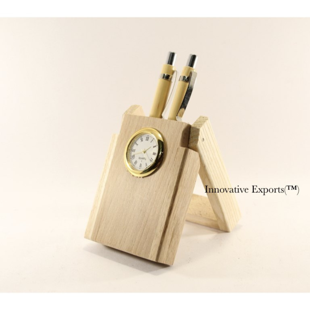 Wooden Pen Holder With Clock